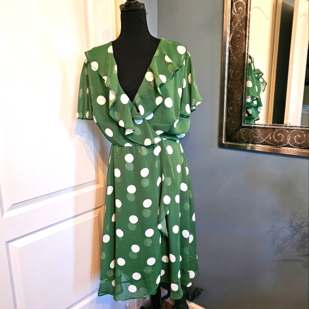 Lane Bryant Green and White Polka Dot Wrap Dress